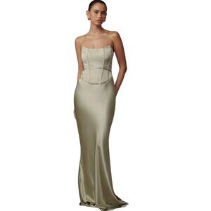 Meshki Harlow Satin Strapless Maxi Dress Corset Sheath Gown Sage Green XXS